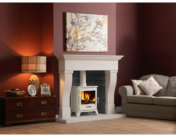 Bassington 5kW Stove White, Freestanding Stove in Fireplace Surround, in a maroon painted living room