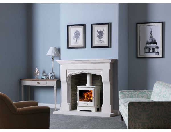 Bassington 5kW Stove White, Freestanding Stove in a Fireplace Surround, in a green painted living room