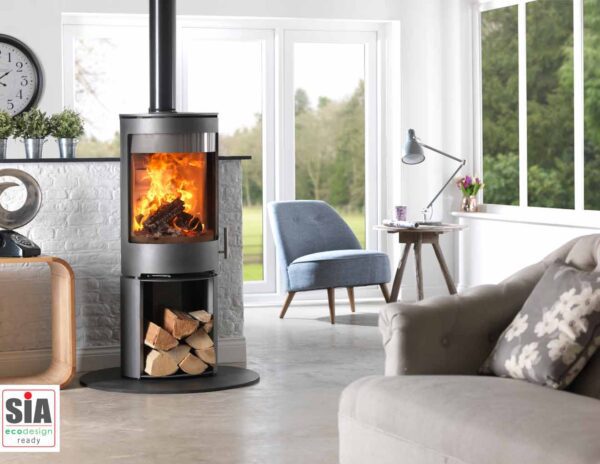 Heat Design Purevision PVR Cylindrical Stove with High Logstore Stand with no Door 5kW
